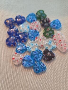 Glass Heart Millefiori Beads - Blue, Clear, Green, Purple.  24 Beads  12mm